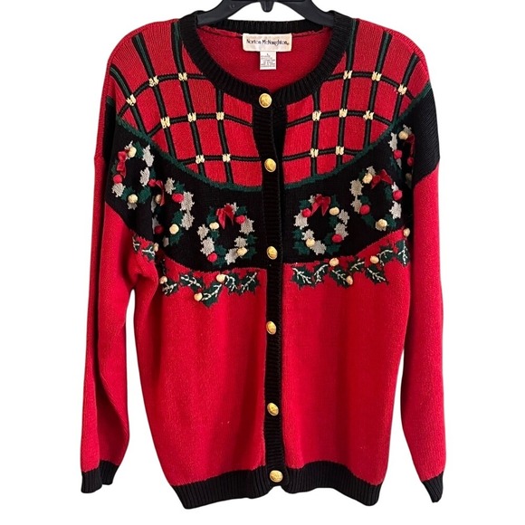 VTG Norton McNaughton Heavy Red‎ Christmas Cardigan Sweater Embroidered Large - Picture 1 of 5